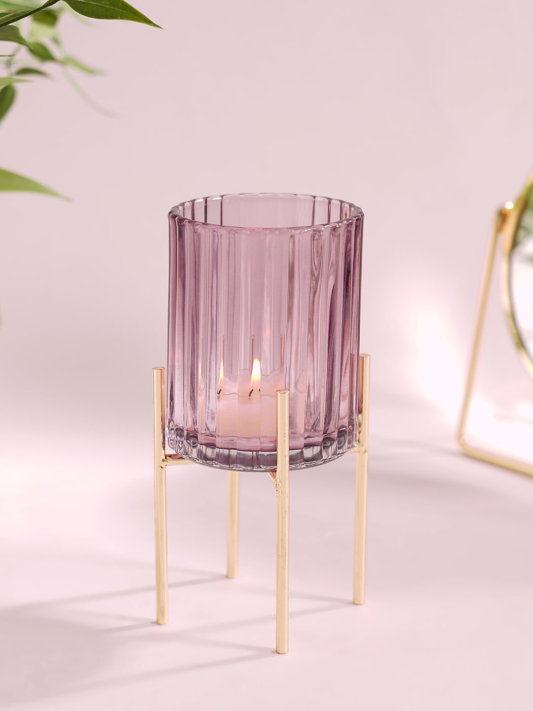 

Pure Home and Living Purple & Gold-Toned Glass Candle Holder With Metal Stand