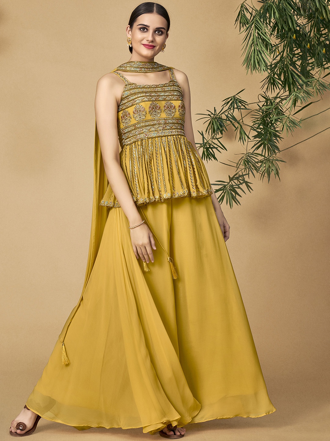 

DRESSTIVE Floral Embroidered Sequinned Top With Palazzos & Dupatta, Yellow