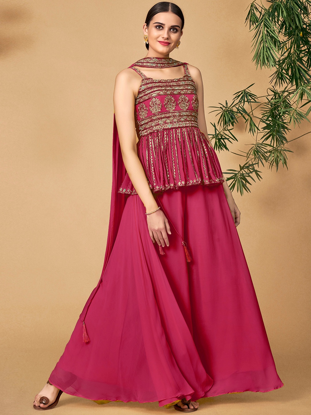 

DRESSTIVE Floral Embroidered Sequinned Top With Palazzos & Dupatta, Magenta