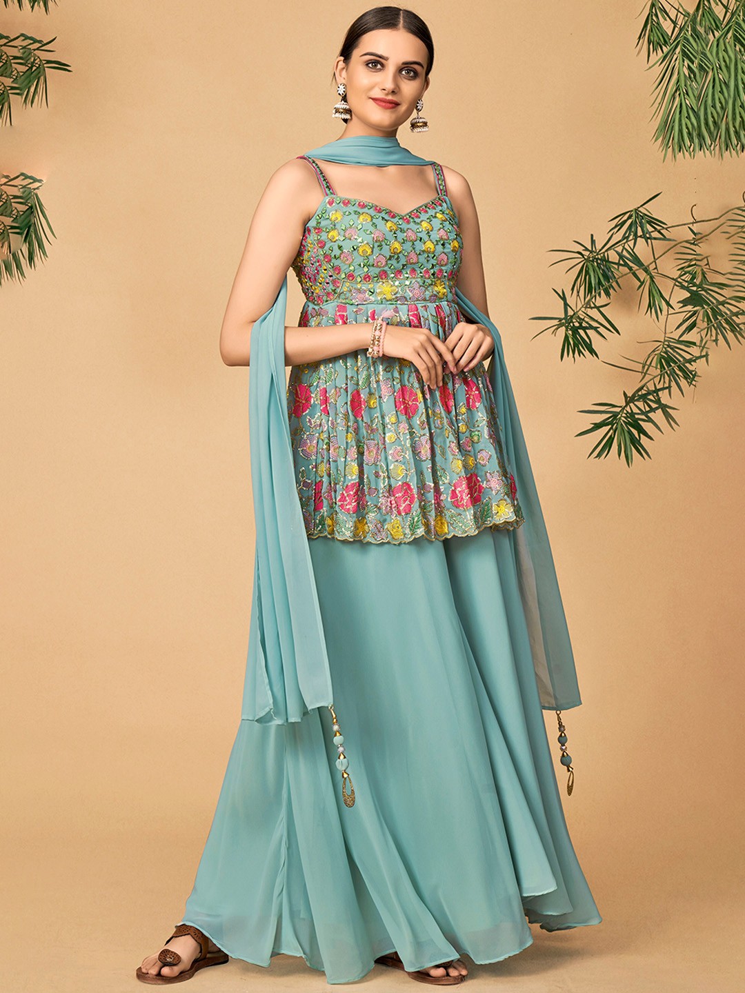 

DRESSTIVE Floral Embroidered Shoulder Straps Kurta & Palazzos With Dupatta, Blue