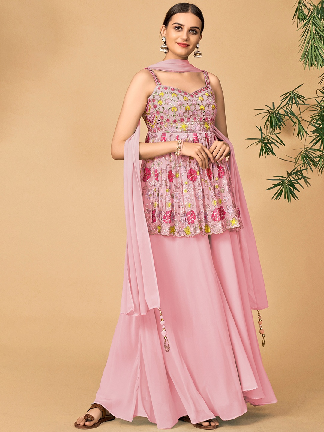 

DRESSTIVE Floral Embroidered Shoulder Straps Kurta & Palazzos With Dupatta, Peach