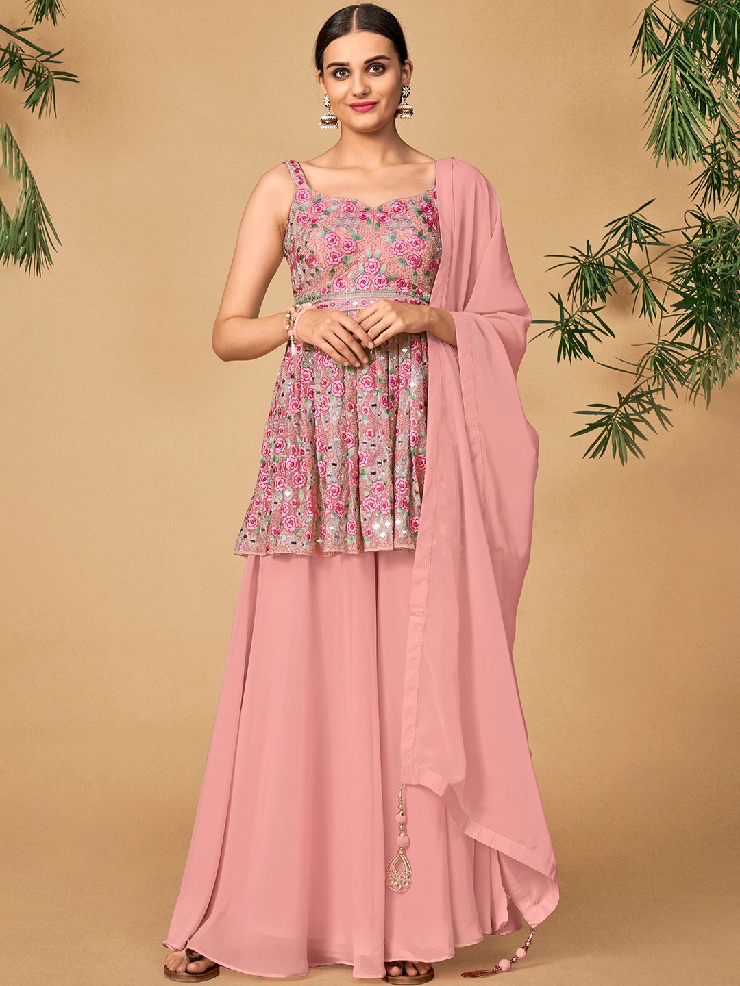 

DRESSTIVE Floral Embroidered Thread Work Pleated Kurta & Palazzo With Dupatta, Pink