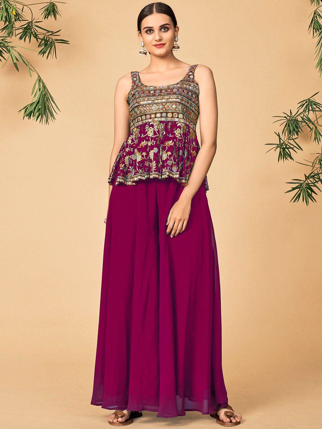 

DRESSTIVE Women Floral Embroidered Thread Work Top With Palazzos & Dupatta, Maroon