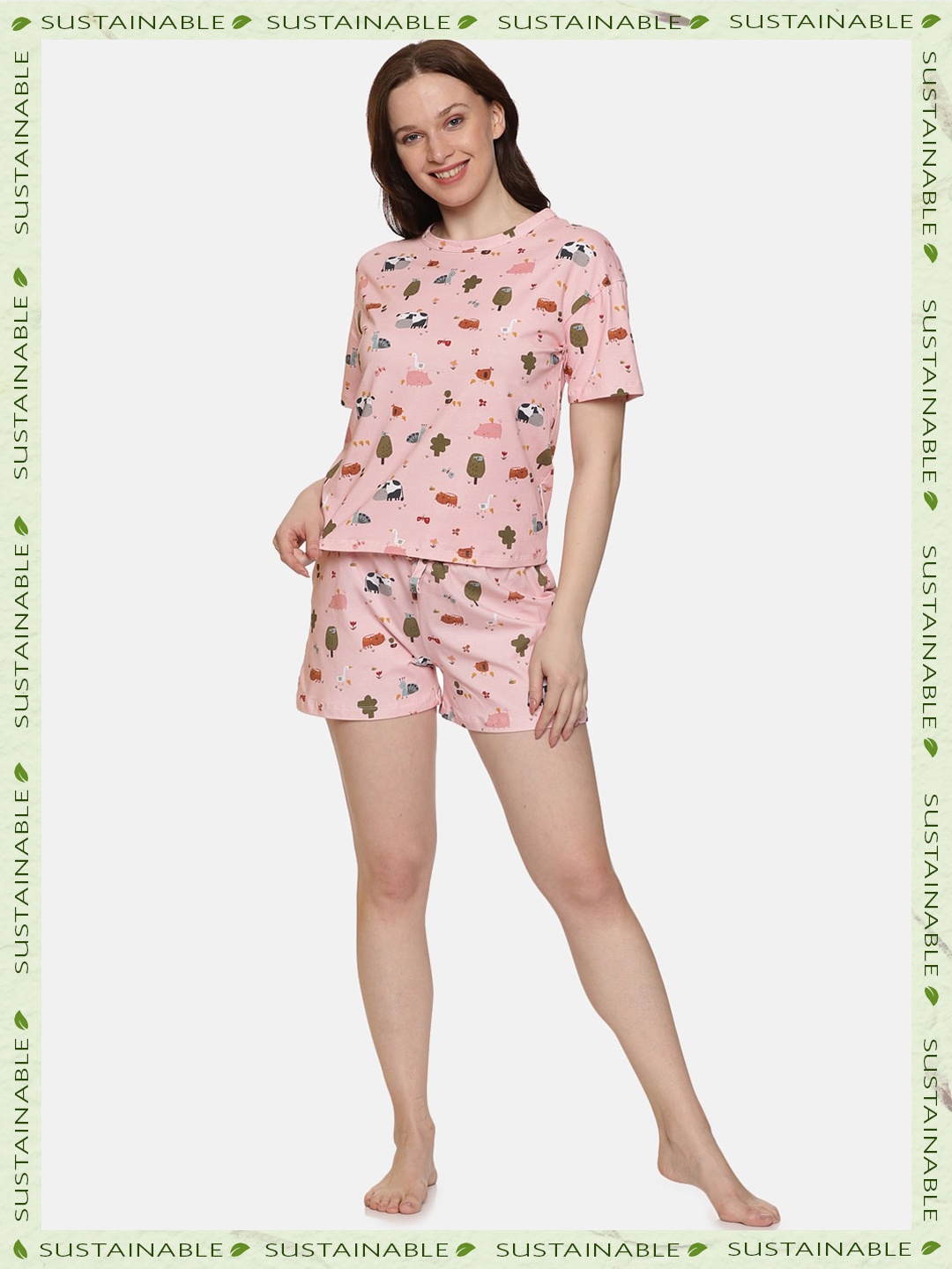 

HERE&NOW Conversational Printed Organic Cotton Night Suit, Peach