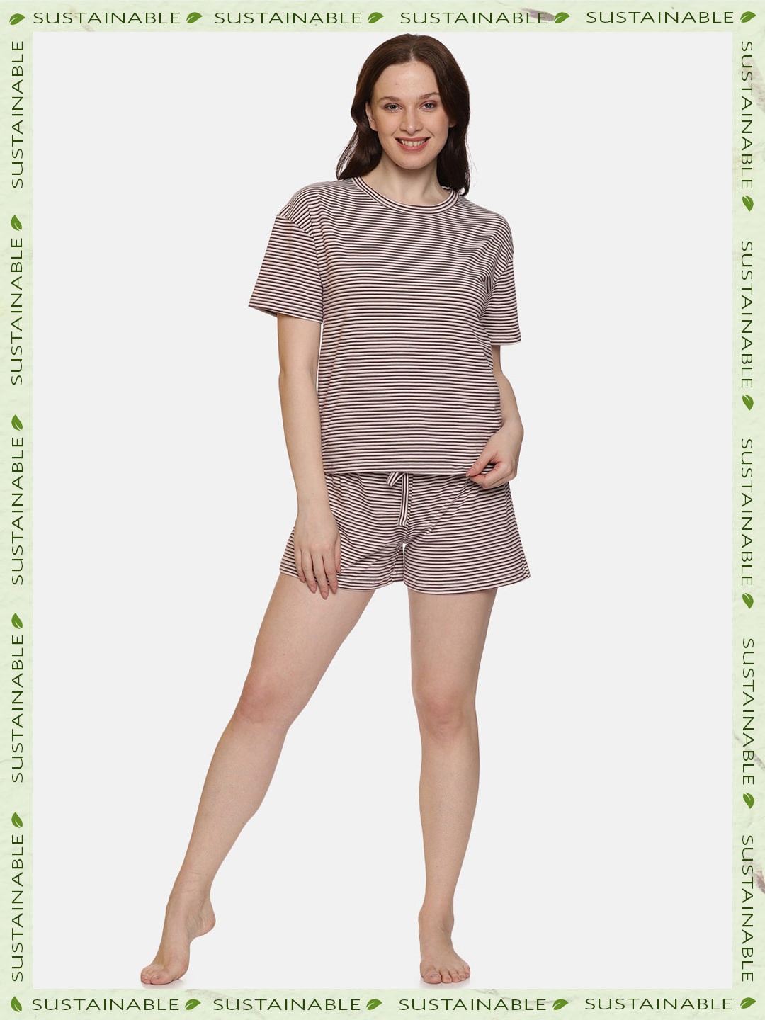 

HERE&NOW Striped Organic Cotton Night Suit, Beige