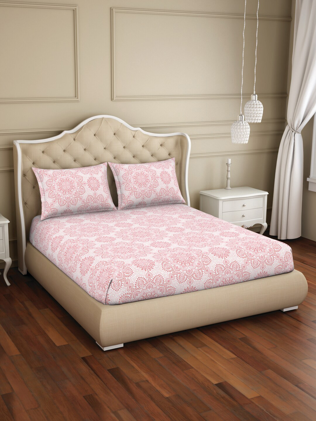 

Welspun 2-In-1 White & Pink Printed 150 TC Flat Cotton King Bedsheet With 2 Pillow Covers