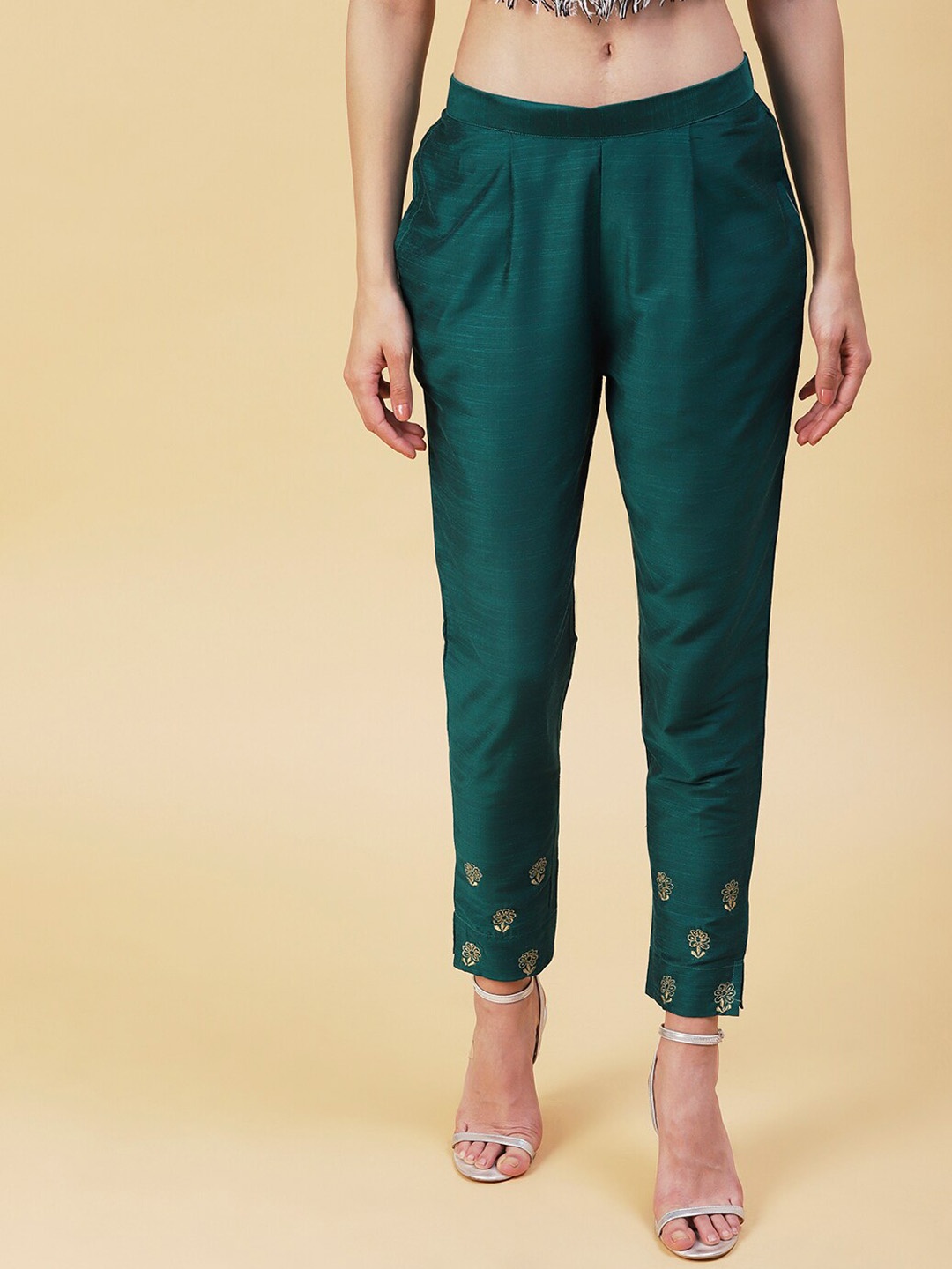 

FASHOR Women Embroidered Mid Rise Comfort Slim Fit Pleated Trousers, Green