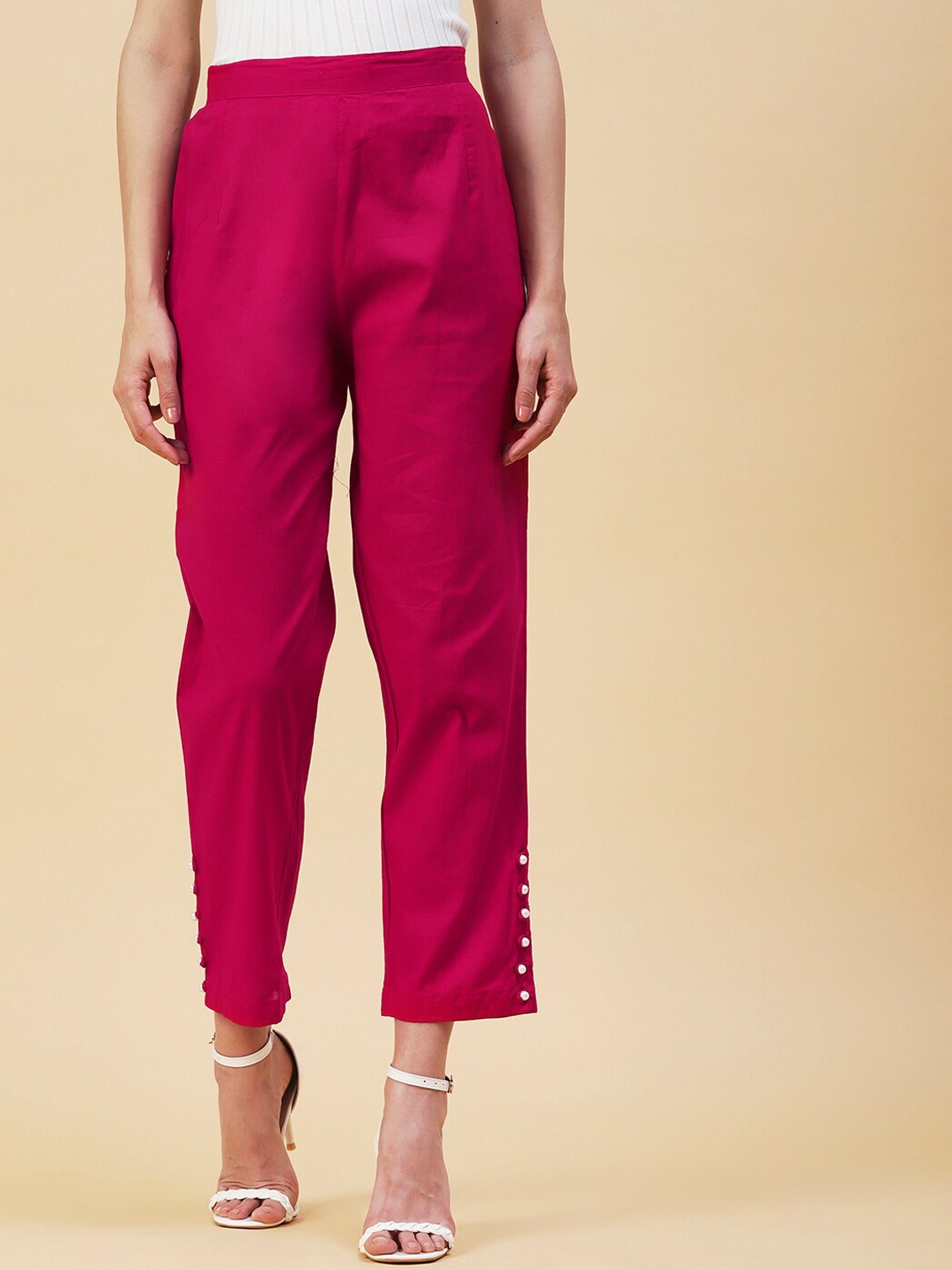 

FASHOR Women Pearl Buttons Embellished Comfort Slim Fit Trousers, Magenta