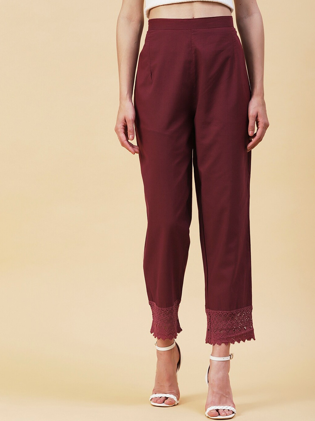 

FASHOR Women Mid Rise Crochet Lace Comfort Straight Fit Trousers, Maroon