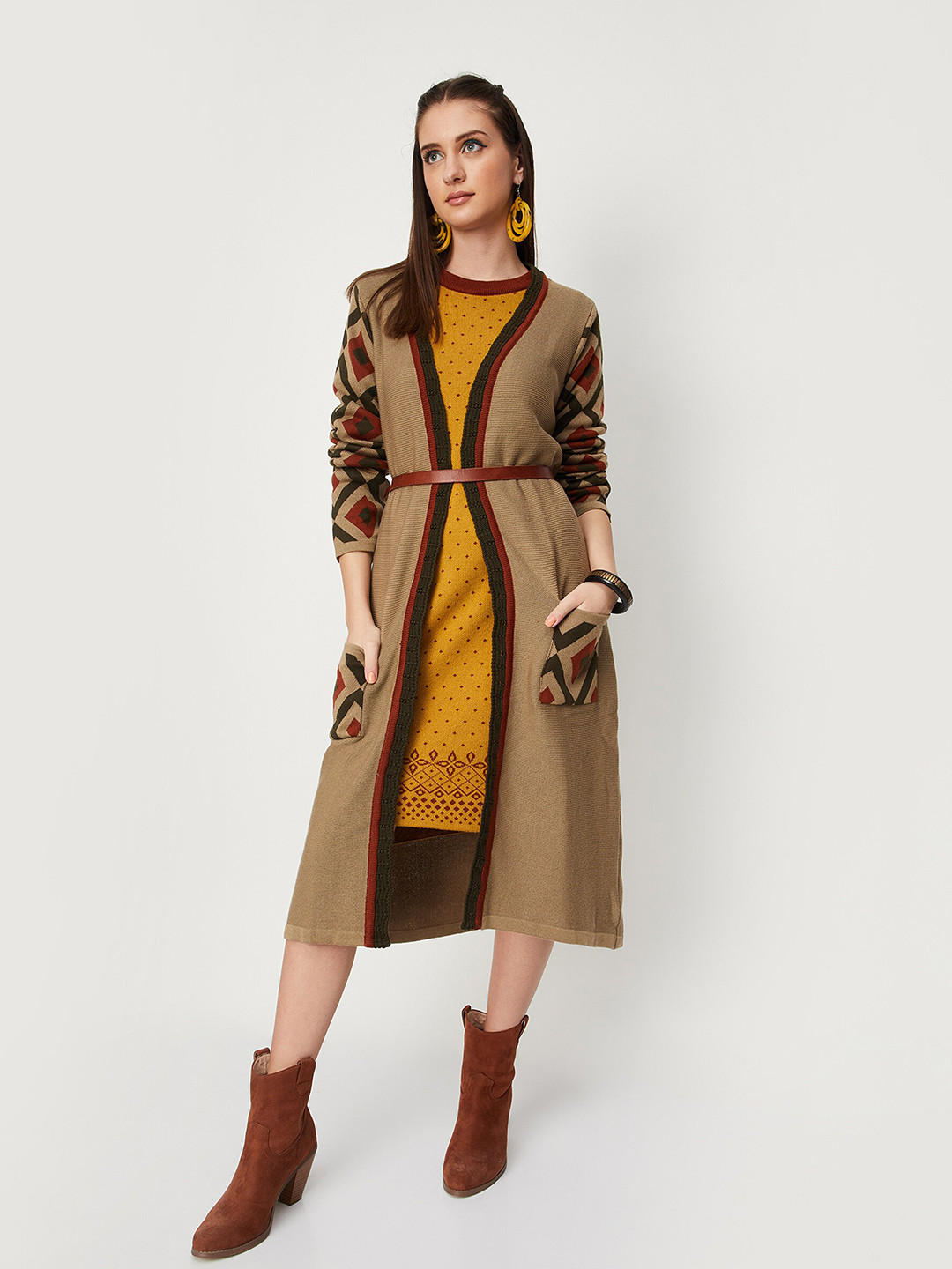 

max Women Geometric Printed Acrylic Longline Open Front Shrug, Beige