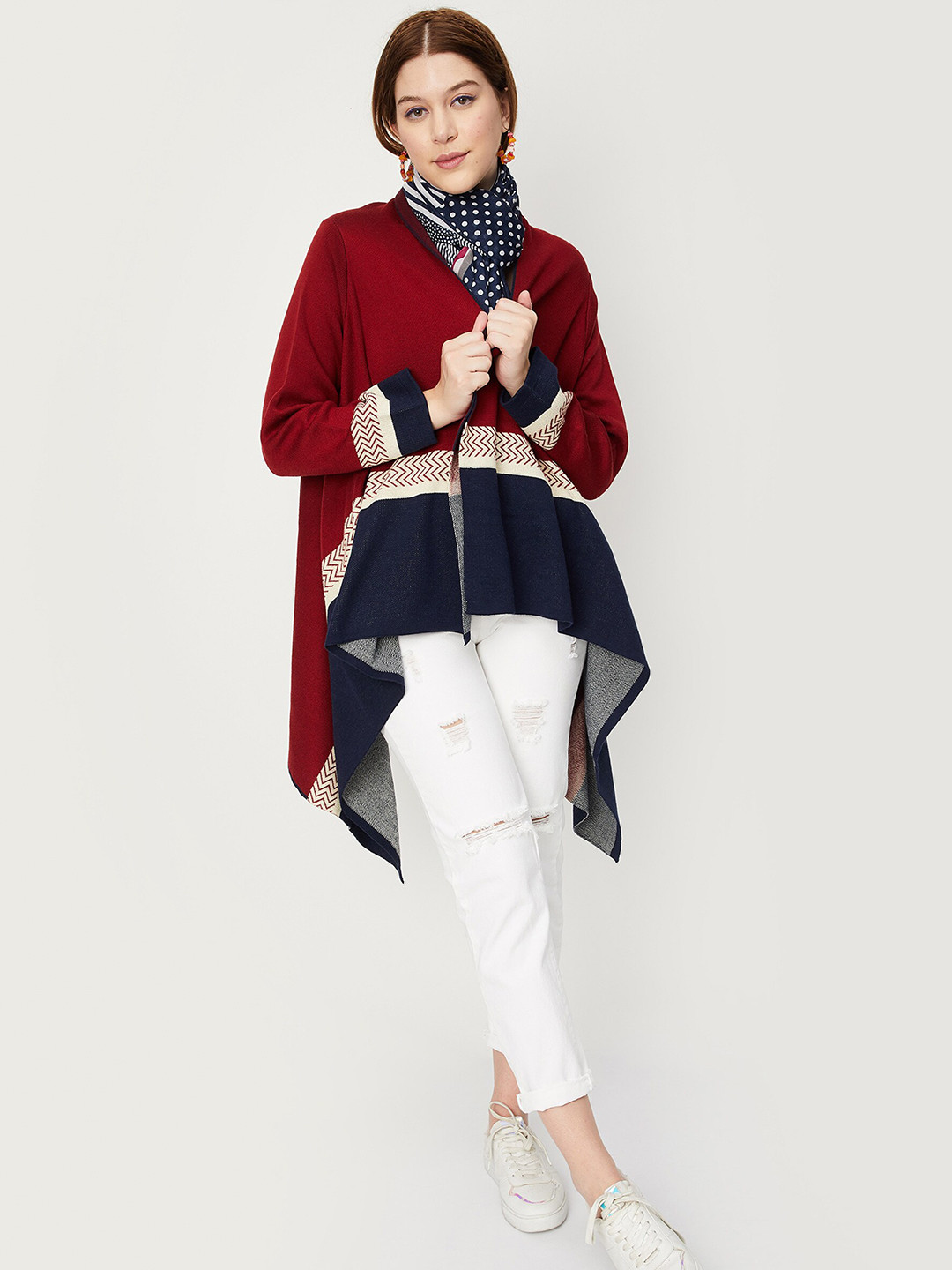 

max Women Colourblocked Acrylic Longline Open Front Asymmetric Shrug, Red