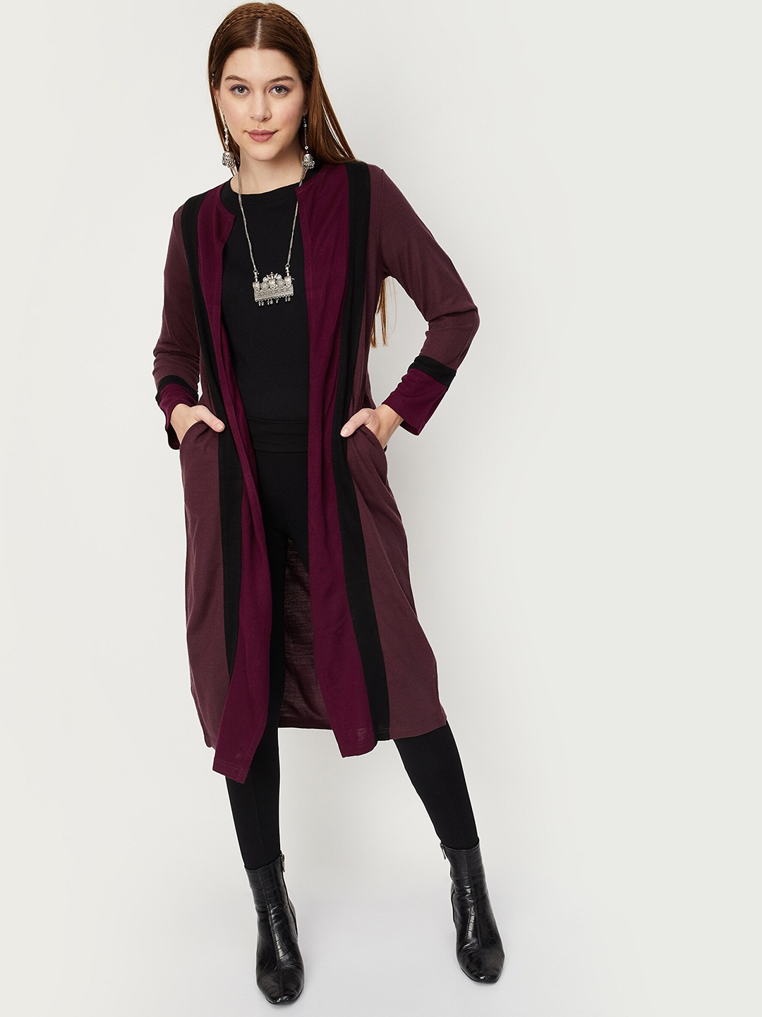 

max Acrylic Long Sleeves Open Front Longline Shrug, Maroon
