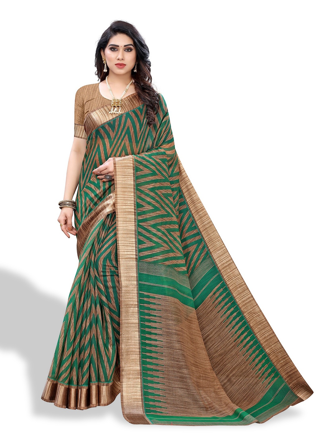 

SAADHVI Chevron Printed Linen Blend Saree, Green