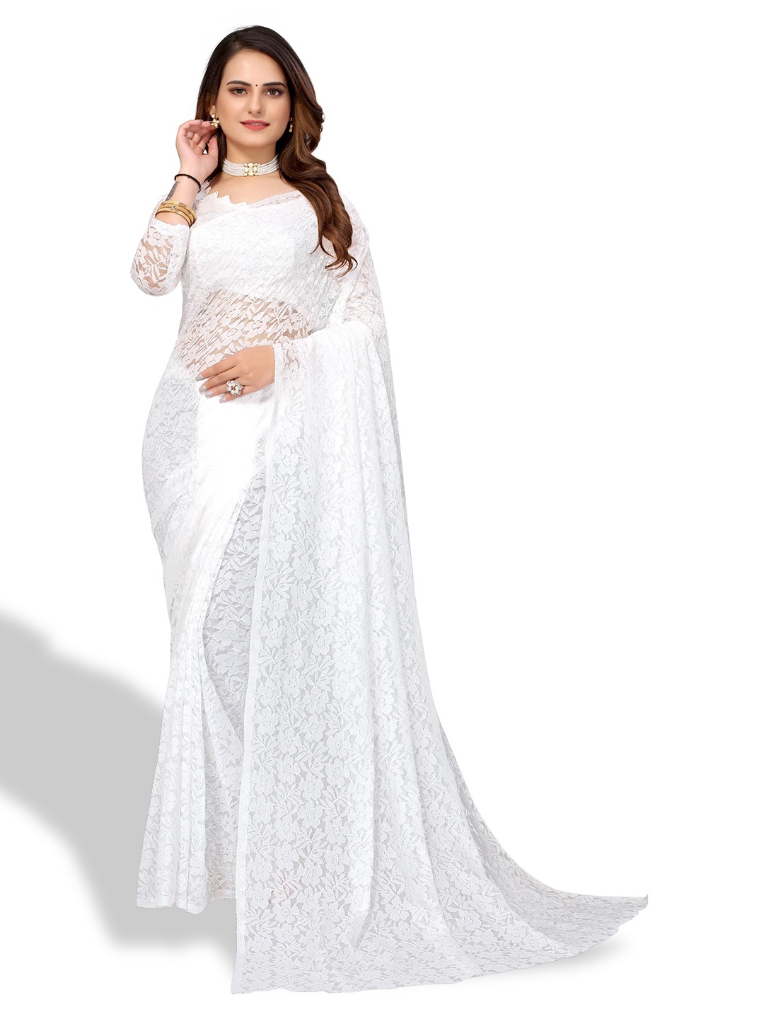 

SAADHVI Floral Woven Design Net Saree, White