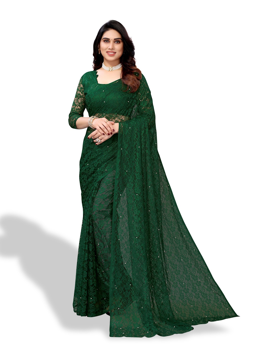 

SAADHVI Floral Design Beads & Stones Net Saree, Green