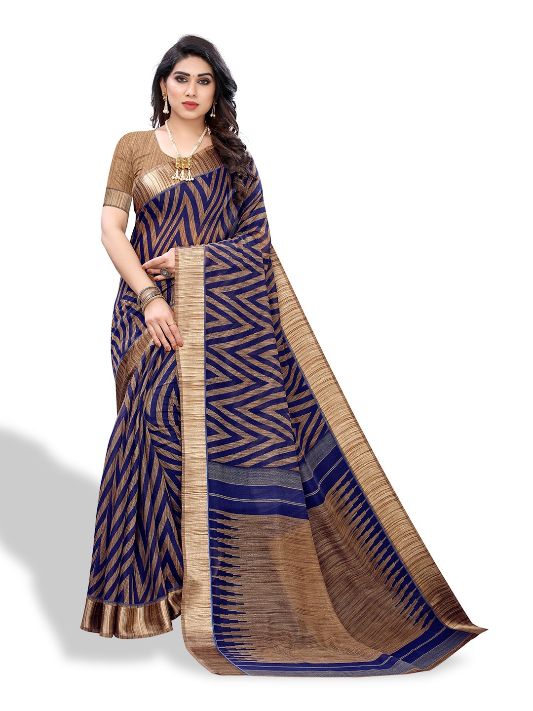 

SAADHVI Chevron Printed Saree, Navy blue
