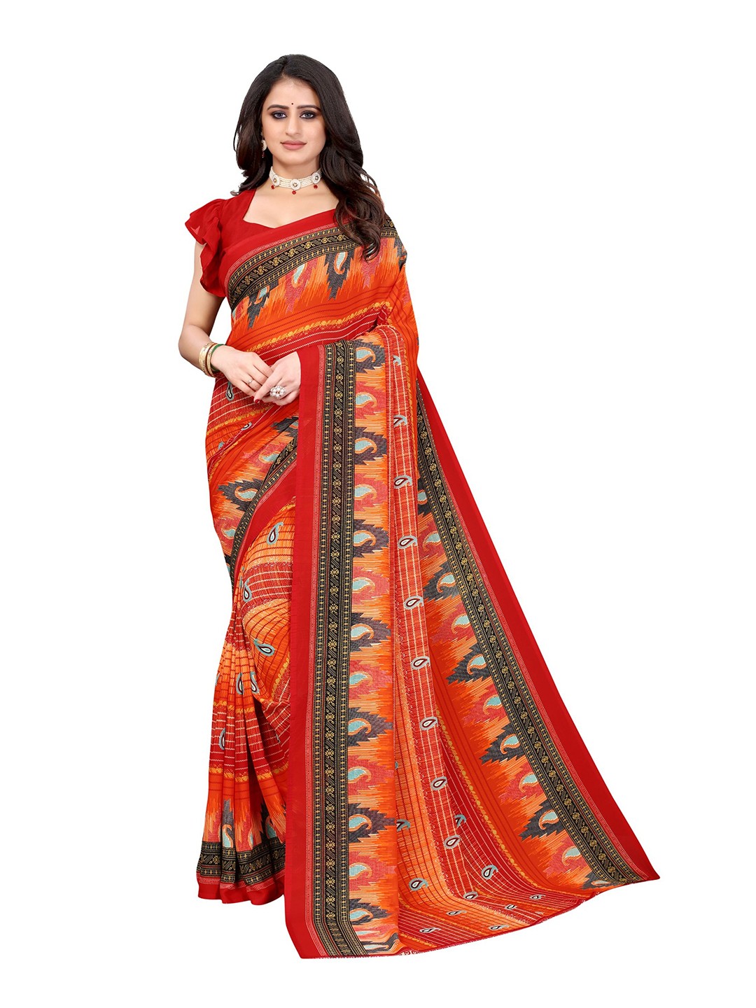 

SAADHVI Paisley Printed Poly Georgette Saree, Red