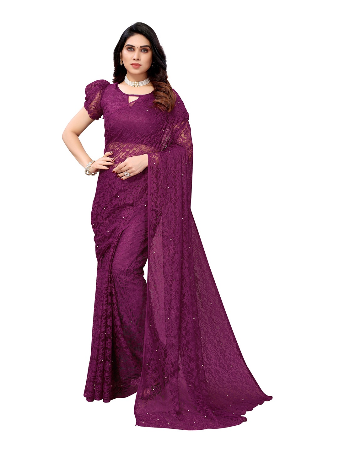 

SAADHVI Floral Woven Design Net Saree, Purple