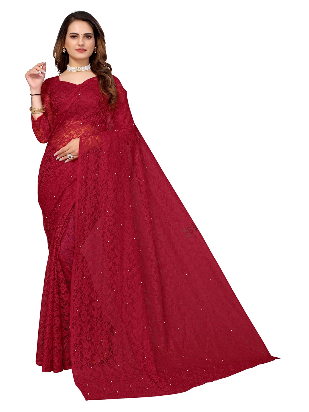 

SAADHVI Floral Woven Design Net Saree, Maroon