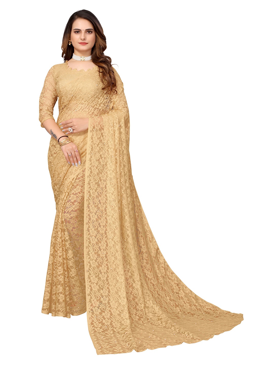 

SAADHVI Floral Woven Design Net Saree, Beige