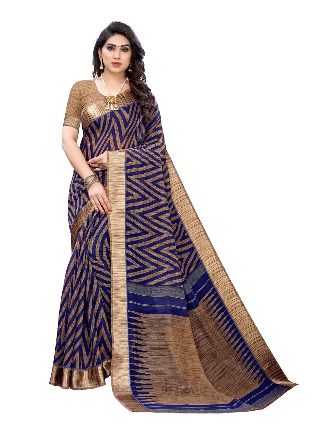 

Florence Chevron Printed Linen Blend Saree, Blue