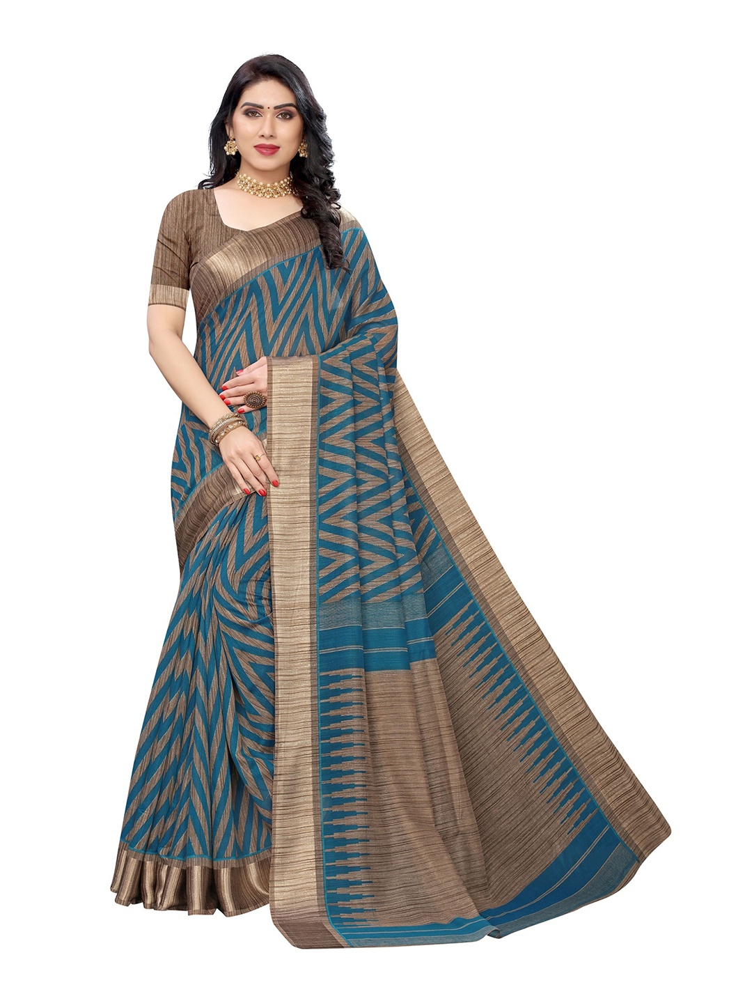 

Florence Chevron Printed Linen Blend Saree, Teal