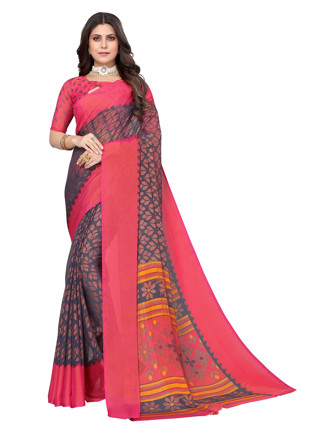 

Florence Floral Printed Poly Chiffon Saree, Pink