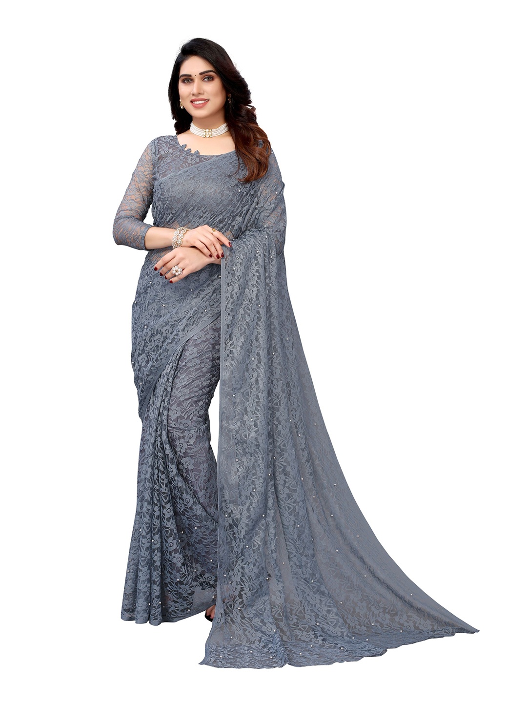 

Florence Floral Woven Design Embellished Net Saree, Grey