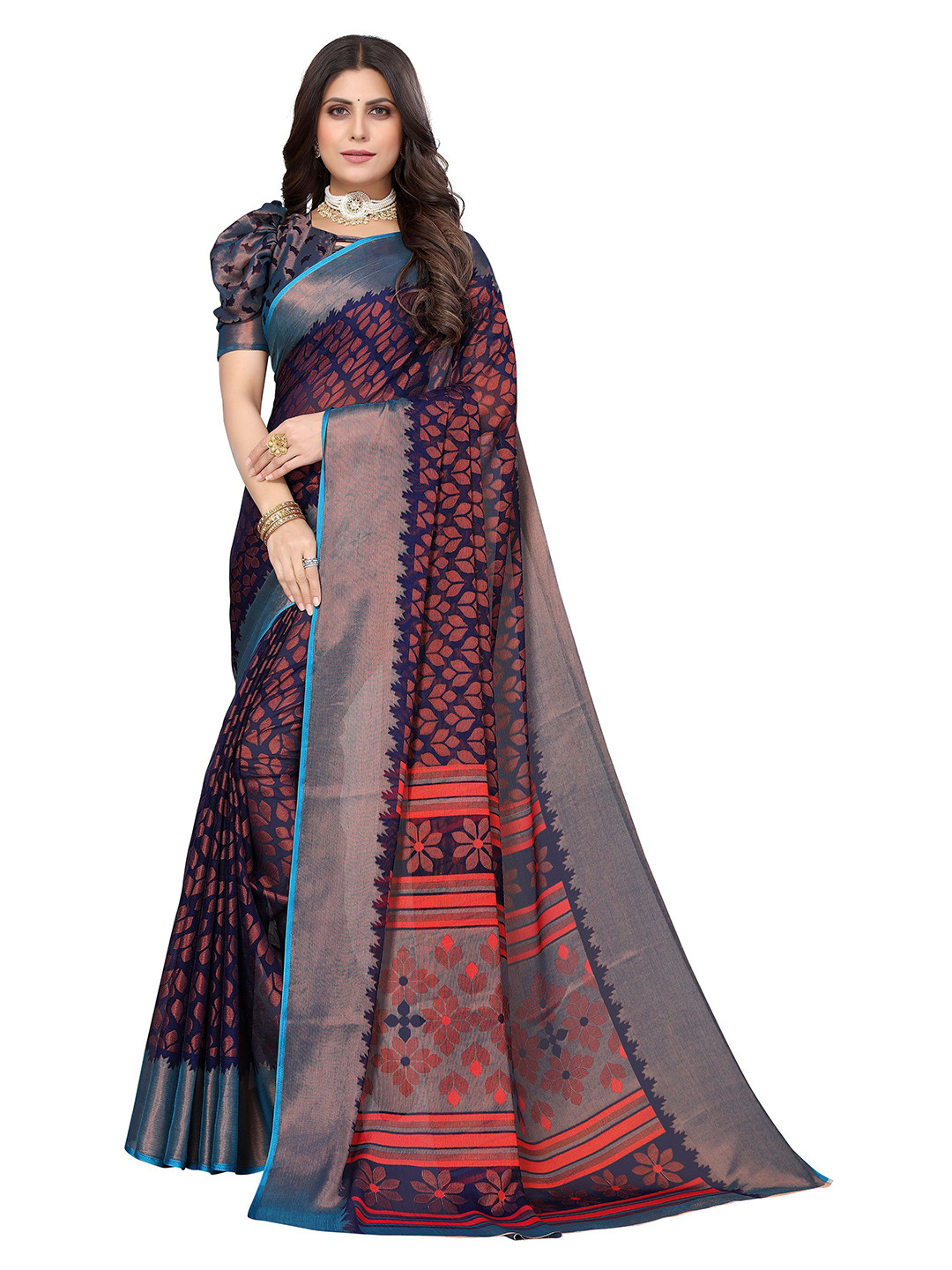 

Florence Floral Woven Design Zari Poly Chiffon Saree, Navy blue