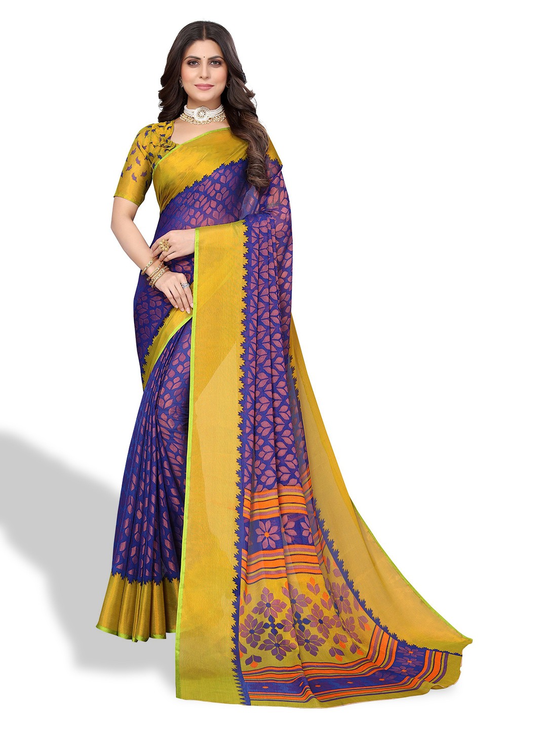 

Florence Floral Woven Design Zari Poly Chiffon Saree, Blue