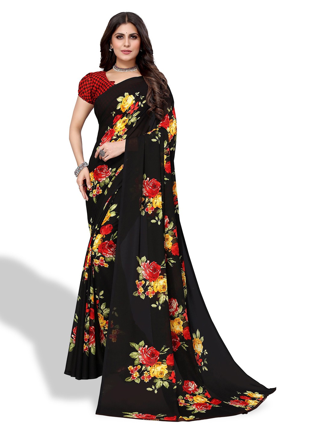 

Florence Floral Printed Poly Georgette Saree, Black