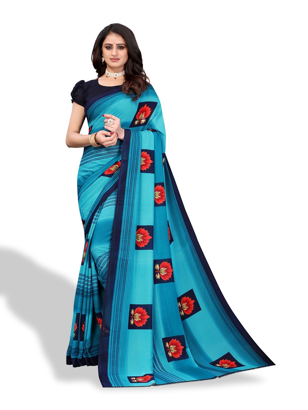 

Florence Floral Printed Poly Georgette Saree, Blue