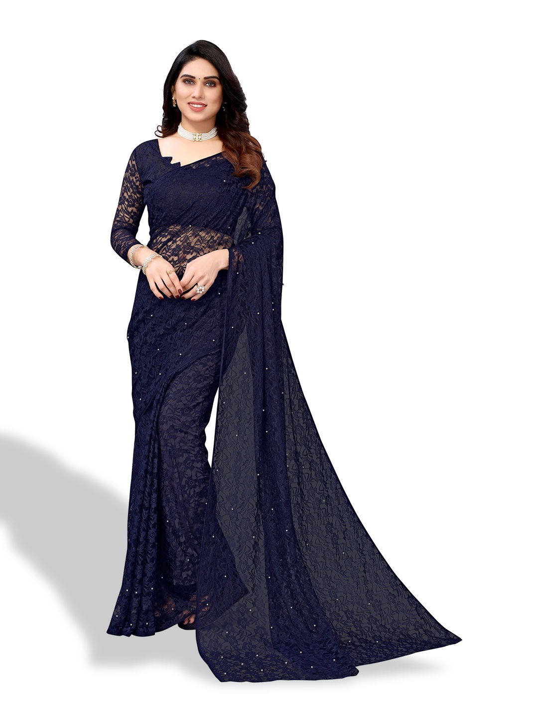 

Florence Floral Woven Design Net Saree, Navy blue