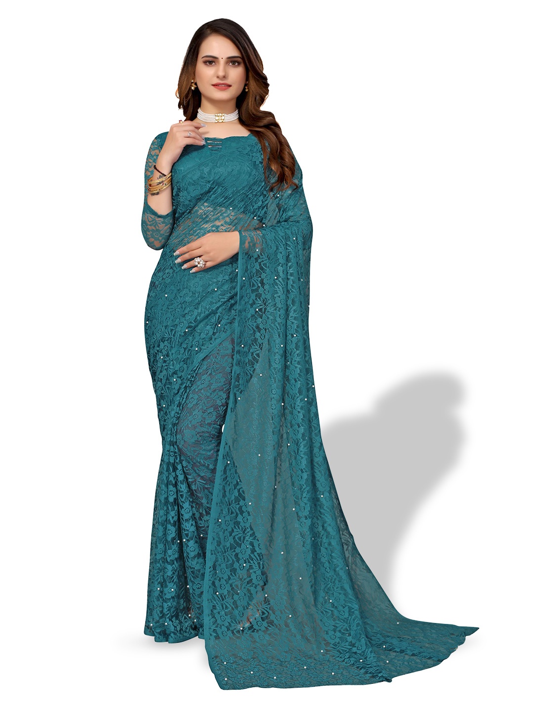 

Florence Floral Woven Beaded Design Saree, Green