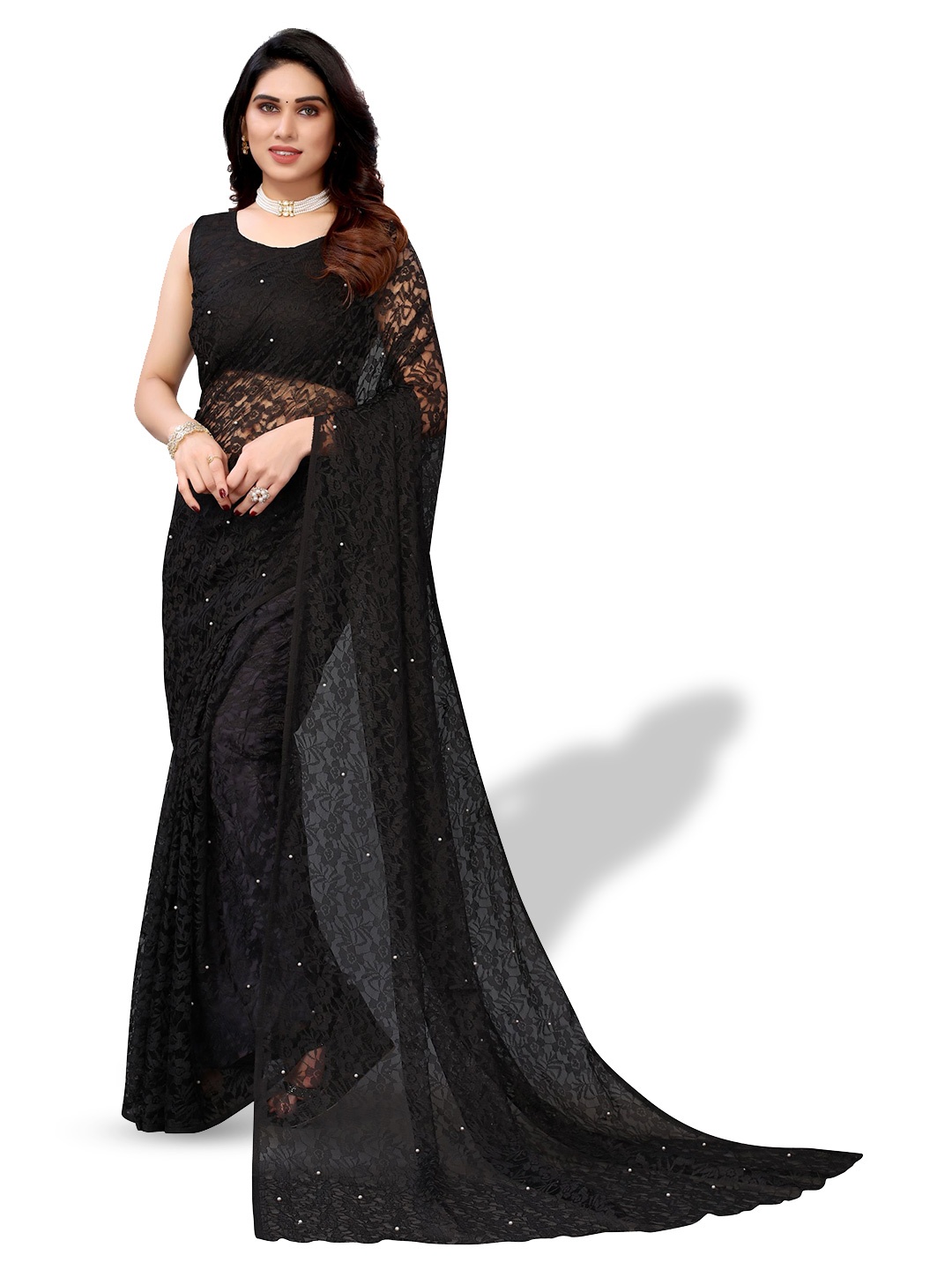 

Florence Floral Woven Beaded Design Saree, Black