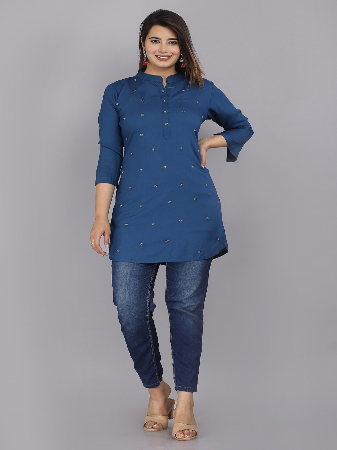 

HIGHLIGHT FASHION EXPORT Embellished Mandarin Collar Shirt Style Top, Blue