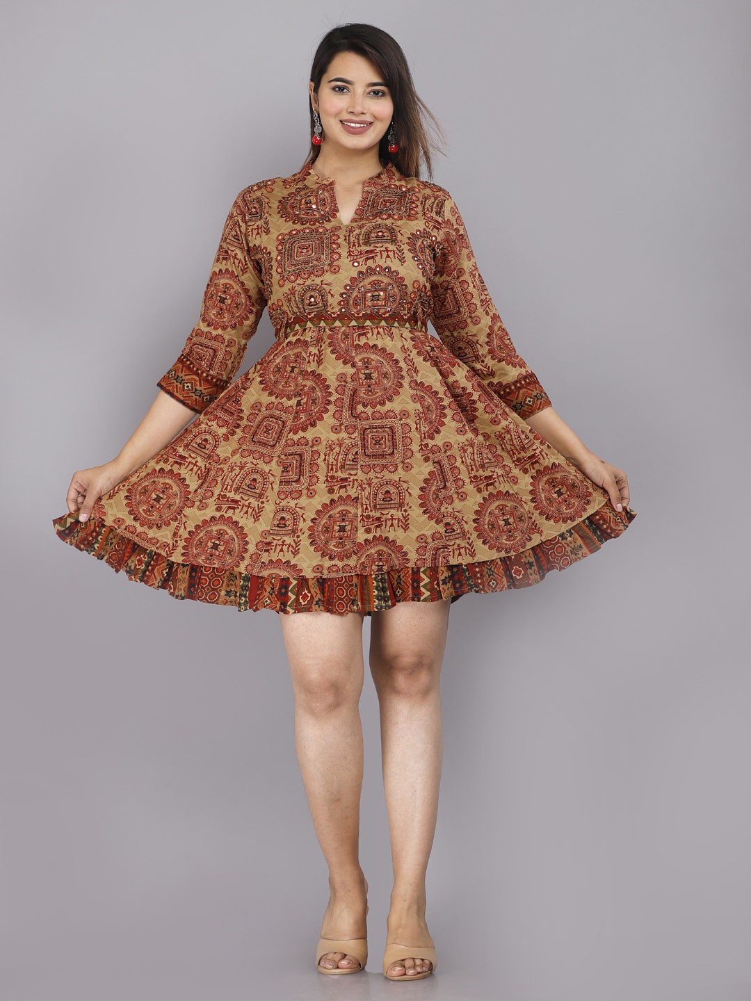 

HIGHLIGHT FASHION EXPORT Ethnic Motifs Printed Mandarin Collar Ethnic dress, Maroon