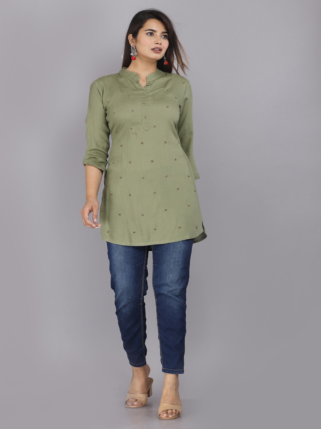

HIGHLIGHT FASHION EXPORT Green Mandarin Collar Top