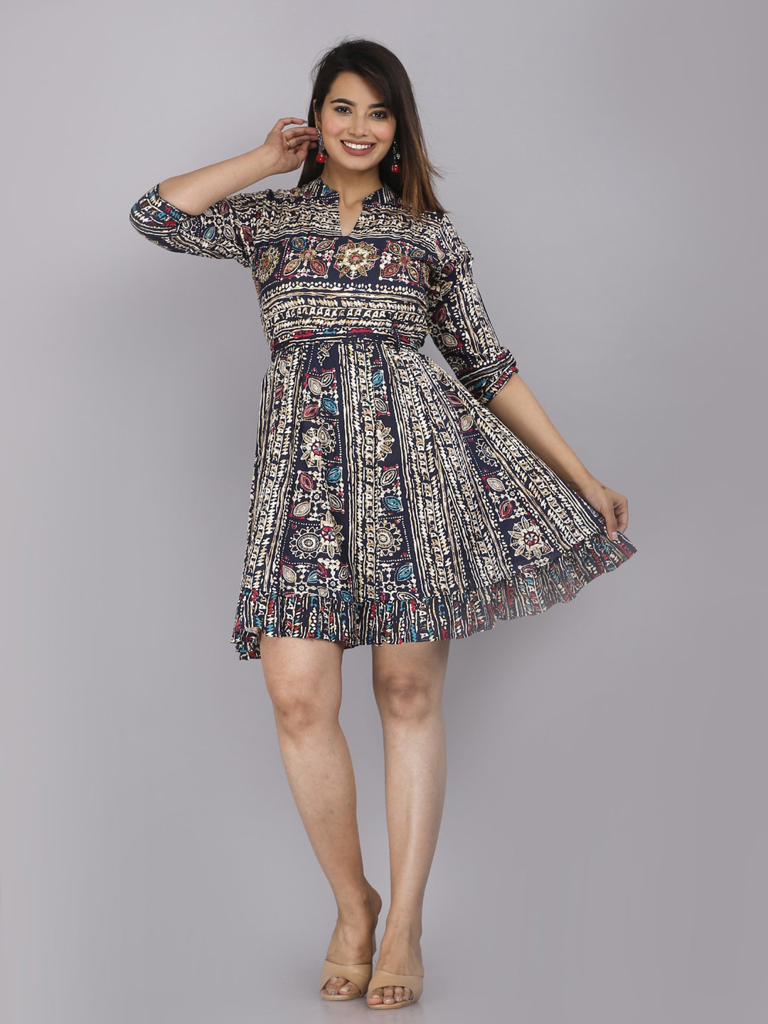 

HIGHLIGHT FASHION EXPORT Ethnic Motif Printed Band Collar Dress, Navy blue