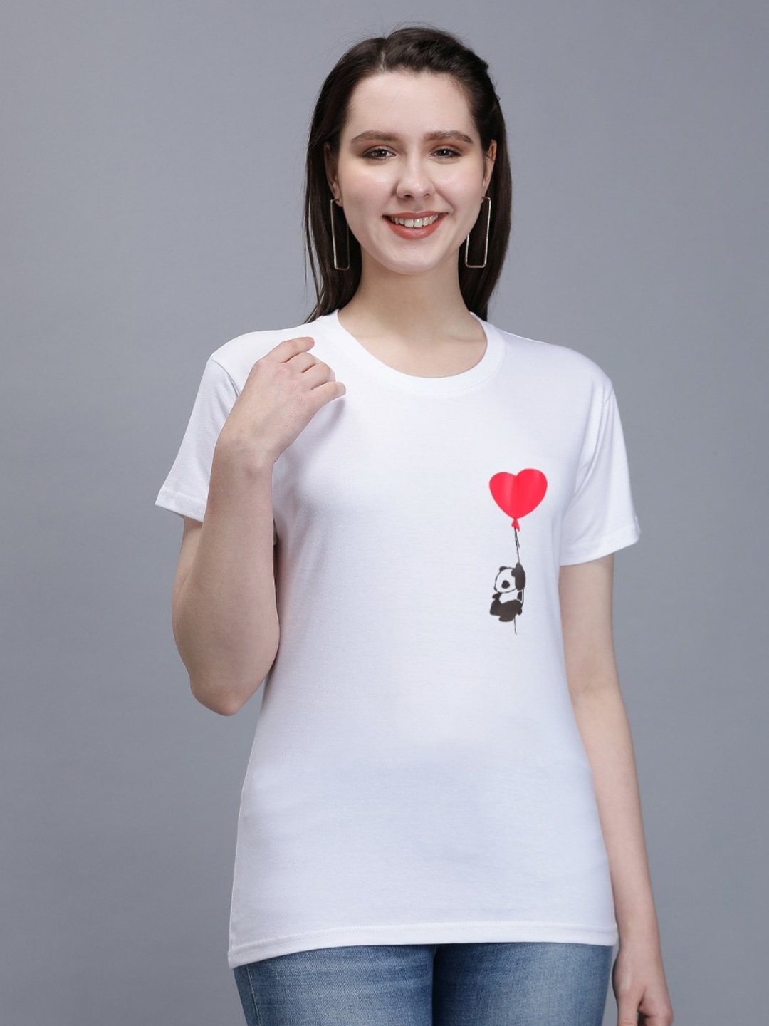 

TRENDY RABBIT Round Neck Longline Cotton T-shirt, White