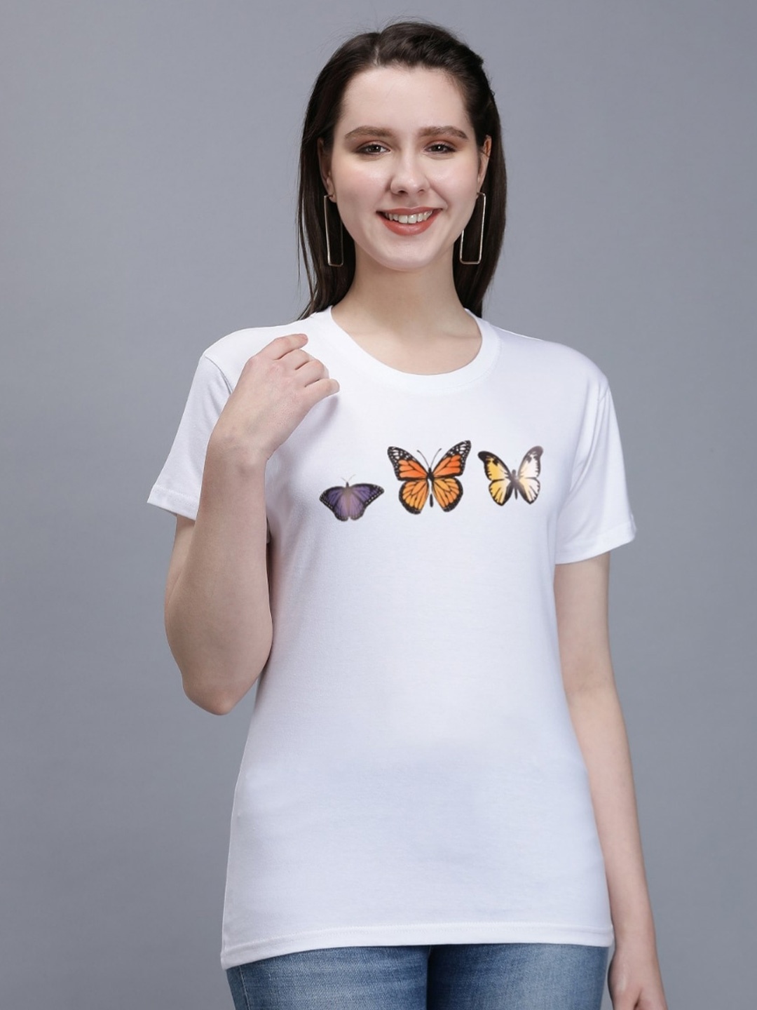 

TRENDY RABBIT Butterfly Printed Round Neck Cotton T-shirt, White