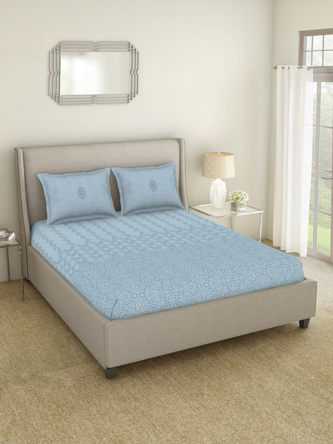 

SPACES Greeneries Blue & Grey Ethnic Motifs 210 TC King Bedsheet with 2 Pillow Covers