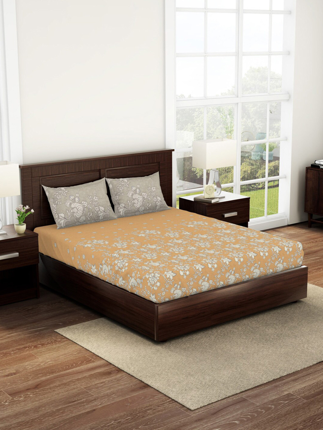 

SPACES Bonica Brown & Grey Floral 180 TC King Bedsheet with 2 Pillow Covers