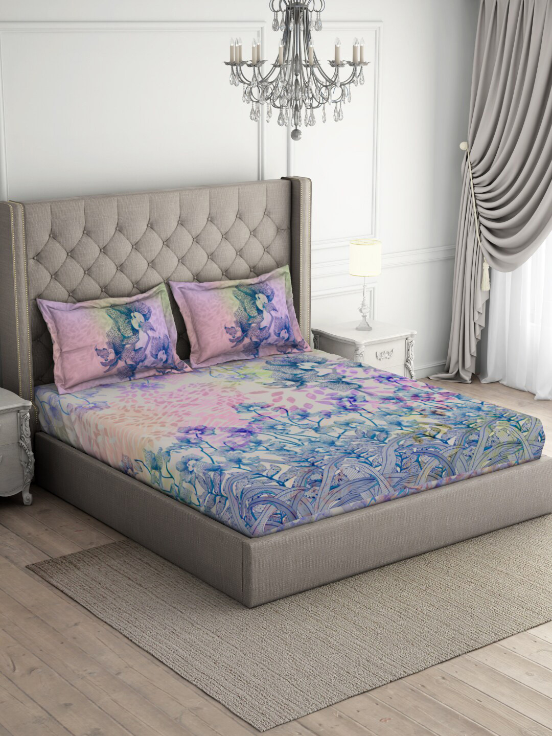 

SPACES Crafted Lores Hygro Pink & Purple Floral 210 TC King Bedsheet with 2 Pillow Covers