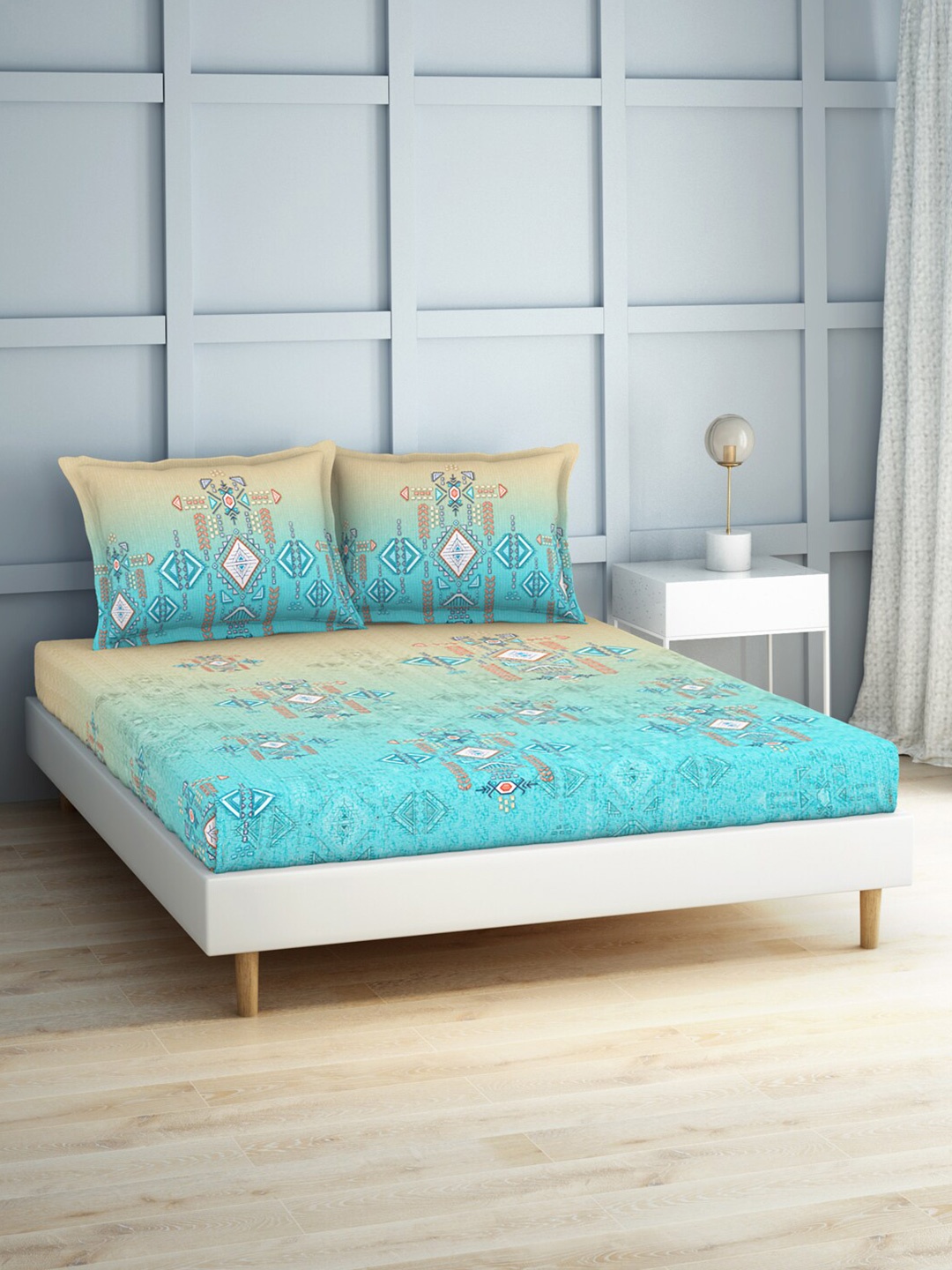 

SPACES Blue & Beige Geometric 180 TC Flat Cotton King Bedsheet With 2 Pillow Covers
