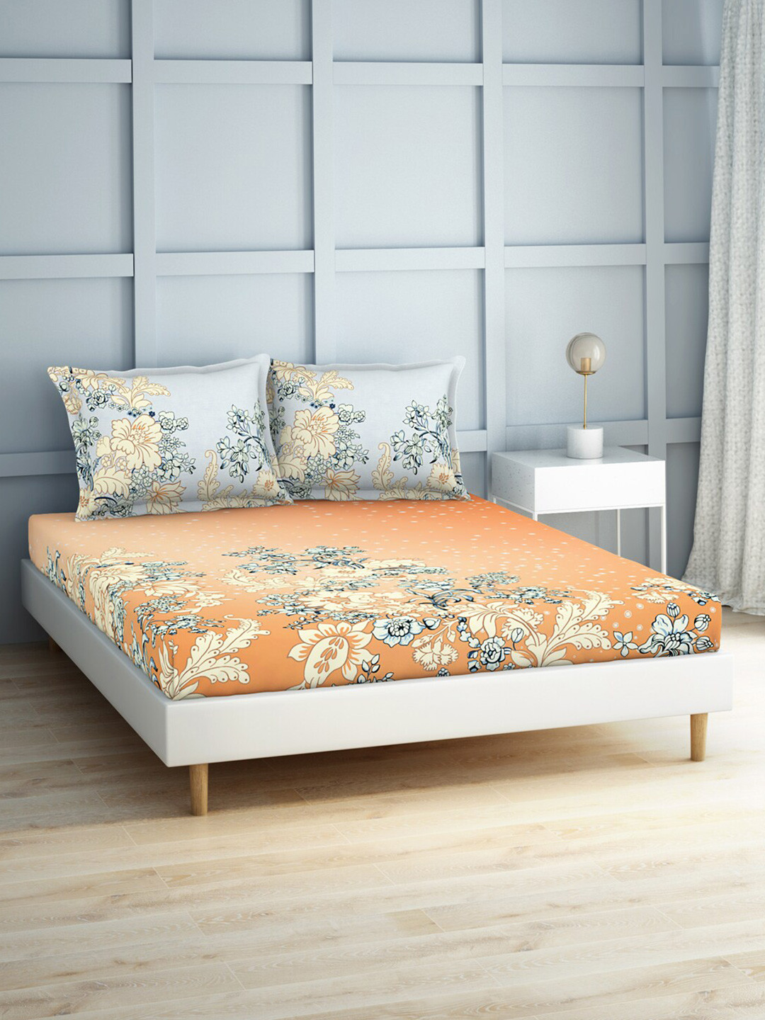 

SPACES Peach & Grey Floral 180 TC Flat Cotton King Bedsheet With 2 Pillow Covers