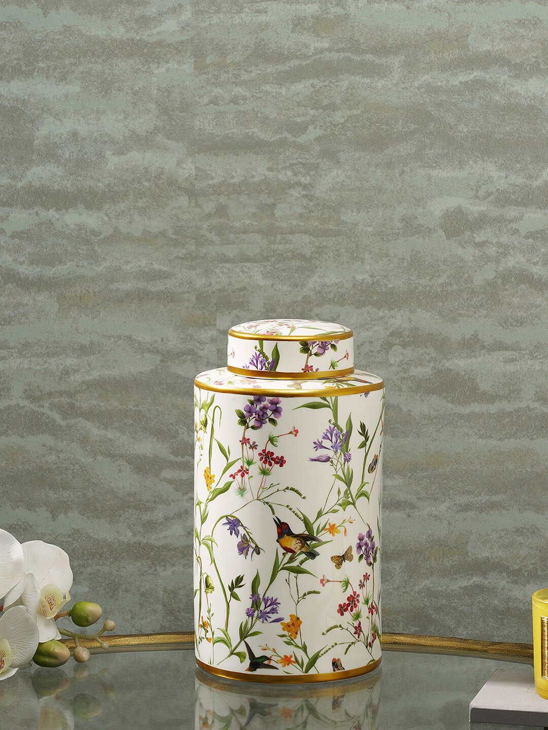 

Pure Home and Living White & Green Botanical Printed Ceramic Canister with Lid