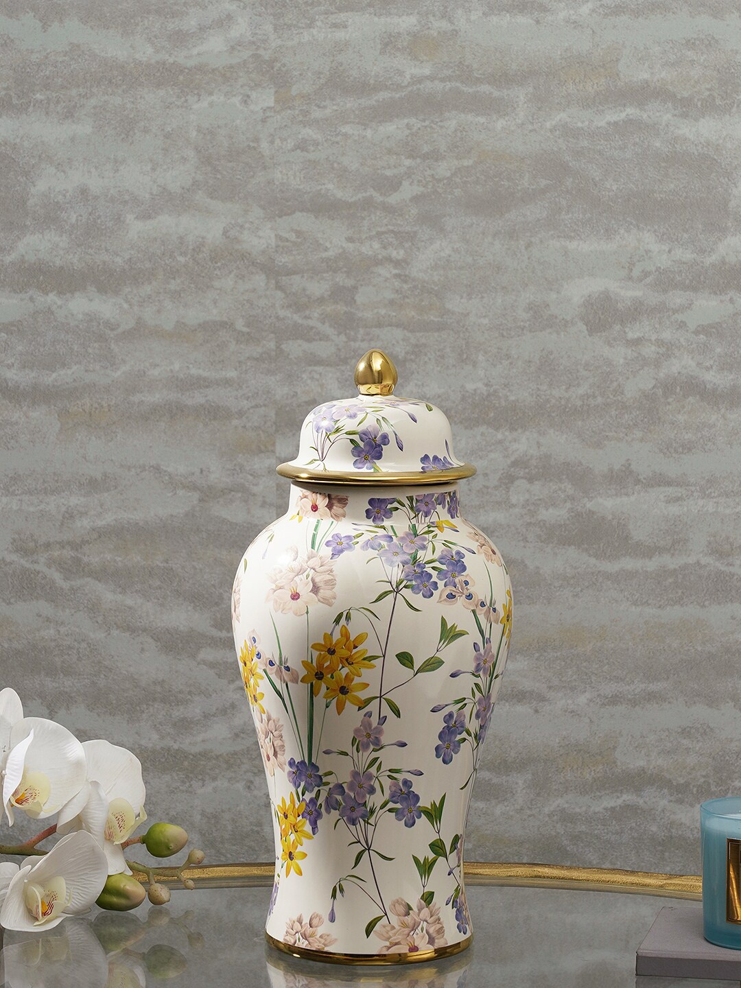 

Pure Home and Living White & Yellow Botanical Pattern Small Ceramic Urn