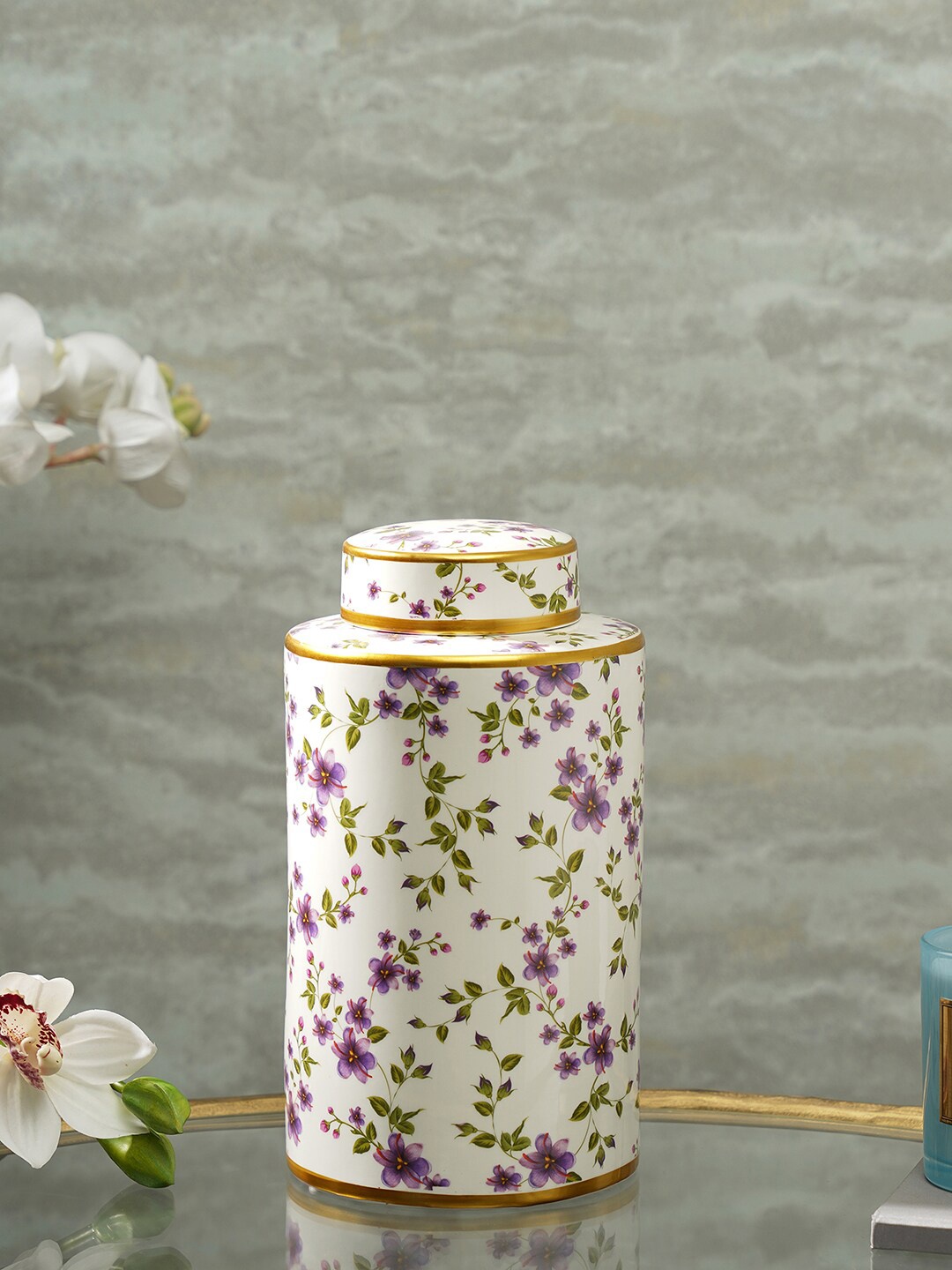 

Pure Home and Living White & Purple Floral Printed Ceramic Canister With Lid