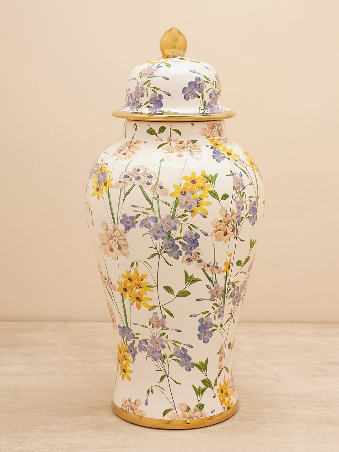 

Pure Home and Living White & Yellow Botanical Pattern Large Ceramic Urn